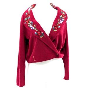 Gianna Salvioli Wool Italian Berry Embroidered Floral Cardigan Sweater Size Med